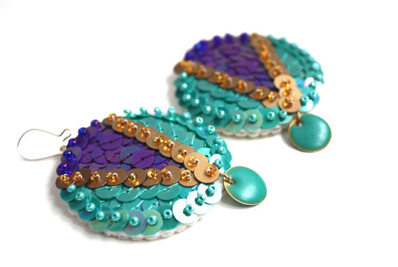 Earrings Turquoise Purple Gold Sequins embroidered felt