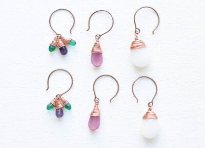 3 pairs of wire copper wrap earrings - white, pink, amethyst with green - SALE