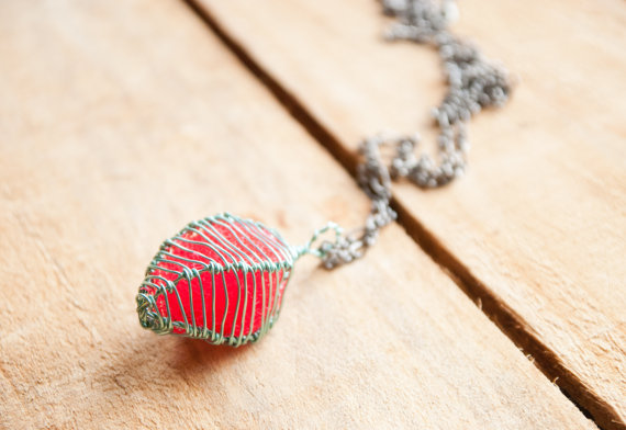 Cage Necklace Pendant in Light Turquoise with Flamingo Pink Tulle