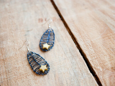 Leaf earrings -Starry, Starry Night- with Golden Stars.