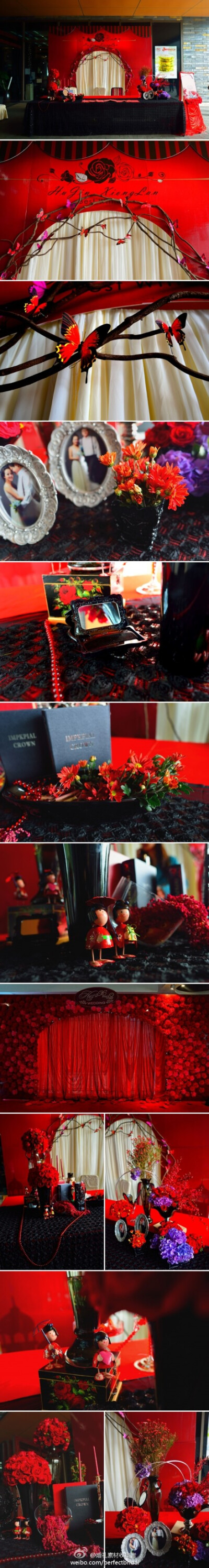 【欢乐谷老房子/蝶恋】整个婚礼色系采用红黑色系，与欢乐谷老房子建筑的装饰色彩达成一致。背景采用大面积的花朵堆砌，然后签到桌的蝴蝶飞舞，形成蝶恋的主题。大胆的运用了黑色的桌布，黑色的花器，黑色的装饰品。 …