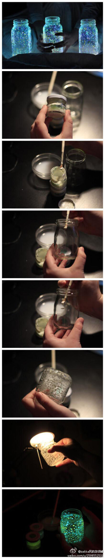 DIY星空玻璃瓶，将你的瓶子洗干净，用刷子蘸取一些发光颜料，涂抹在杯子内侧，点上越多的点点，就可以“收集”到越多的星星了