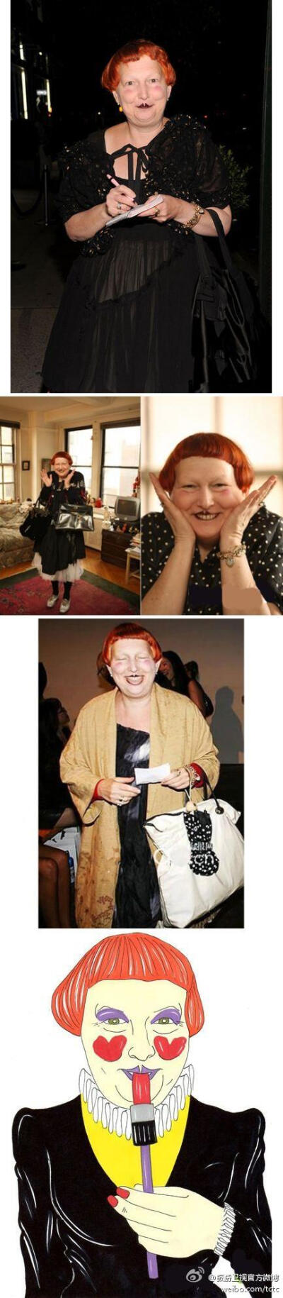 胖老太太Lynn Yaeger是时尚界最权威的评论家之一。她曾拒绝Prada的尼龙包，因为这种材料在数百万年后依然不灭。她的文笔充满戏谑和小聪明。但是，形象才是她最著名的标记：冬菇发型，惨白脸色，沒有眉毛，两片圆形胭…