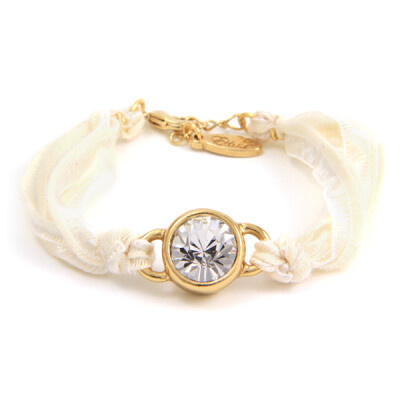 Circle Gold Crystal Gem on Cream Vintage Ribbon Bracelet