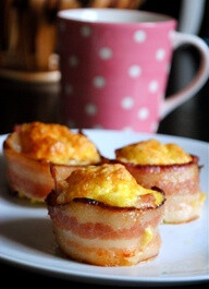 put bacon strips in muffin tin and then add whipped eggs with a little cheese about 3/4 full. Bake @ 350 degrees for 30-35 min. YUM!!!