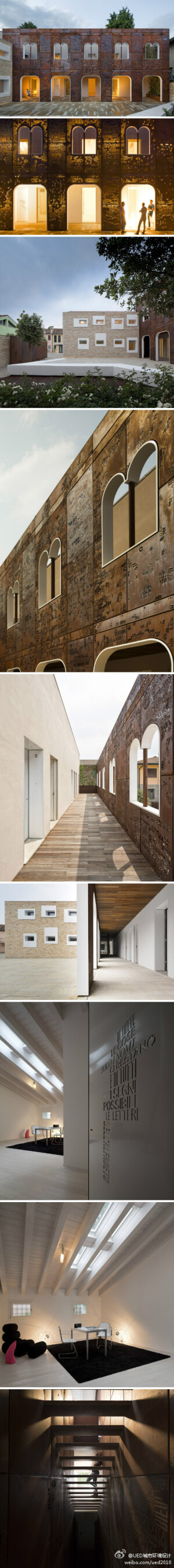 UED城市环境设计：#建筑设计项目#3ndy工作室最近设计了一个有着超美耐候钢外表皮的公寓，场地的原有建筑在大火中被损毁，设计师重现了过去建筑的尺度以此表达纪念，跳耀的开窗造型，耐候钢表皮则邀请了雕塑家乔治米拉尼进行设计，米拉尼在耐候钢的表面雕刻出字母及符号让表面极度富有内容，同时达到审美和文化上的和谐