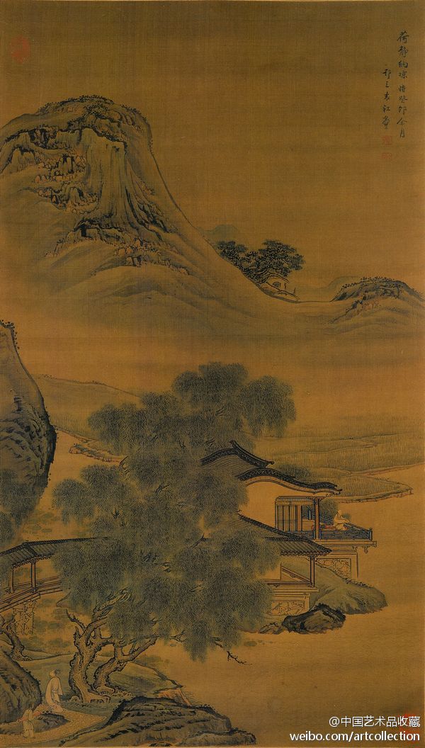 【 清 袁江 《荷静纳凉图》】绢本设色，99.5×55.8cm，广西壮族自治区博物馆藏。远处高山峻岭，山石陡峭；近处楼阁华丽，树木葱郁，小桥流水，意境幽美。用笔严谨精到，实处用笔如锥划沙，虚处批擦，意在笔先，淡而有力，虚实相生，使自然的真实与意境的真实融为一体，意境恬淡，别有一番韵致。