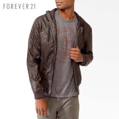 FOREVER21 男装 MEN光泽保暖连帽皮夹克