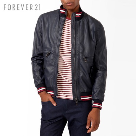 FOREVER21 男装 MEN条纹饰边仿皮夹克衫 27706036