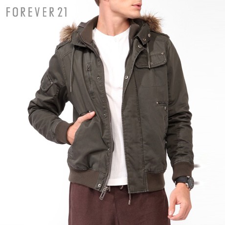 FOREVER21 男装 MEN毛领男士连帽棉服夹克衫 17306408