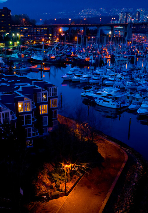 Blue and orange hues of a harbour in the twilight