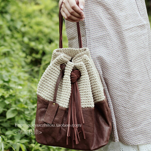 森林系日系森女抽绳束口编织拼接羊皮包包