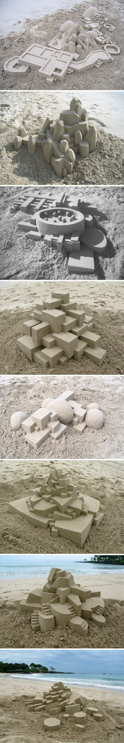 来自艺术家Calvin Seibert的沙雕作品，不同往繁复精细的沙雕，几何形体的堆砌似如当代雕塑。