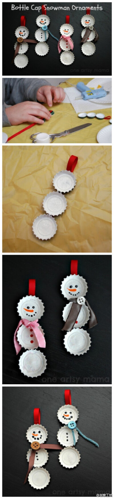 利用废弃的瓶盖制作的小雪人，让这个圣诞节充满小小创意~~