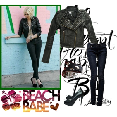 Taylor Momsen，街拍，黑色铆钉机车夹克+黑色铅笔裤+黑色厚底高跟鞋+黑色铆钉皮手链