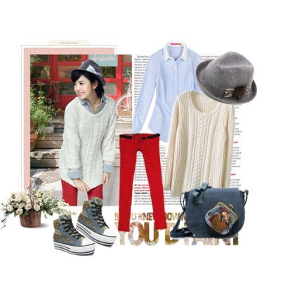 邻居女孩陈妍希，白色毛衣+灰色长袖衬衫+大红色铅笔裤+深灰色礼帽