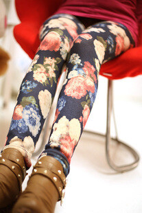 欧美风大花加绒加厚打底裤 花朵花纹小脚裤保暖裤