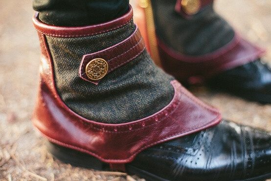 Men's Steampunk spats -oxblood leather and wool herringbone-Ambrose.