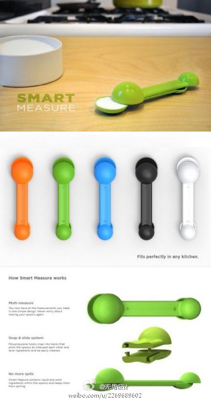 由Juan Jimenez 设计的智能量勺，将两对不同容积的圆勺组合在一起，盛满东西时只需滑动勺柄，多余部分会被自动推除，同时盖住确保移动时不会洒落，方便实用。