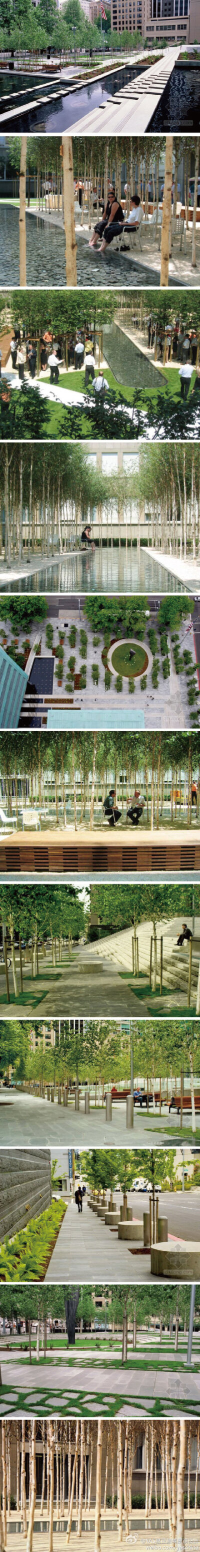 西雅图国王郡政府大楼周边公共空间景观设计；设计师在这片区域的一角建了一个带有喷泉的广场，作为整个区域的入口。大楼周围的广场上，金属石英岩板与种植着桦树的条形区域相间，这些条形区域与大厅呈垂直方向。广场…