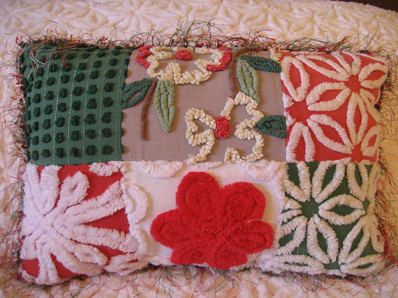 Christmas Pillow Vintage Chenille Patchwork Dogwood, Daisies, and Green Pops