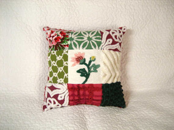 Boho Vintage Chenille Patchwork Christmas Pillow Burgundy Jewel Tones