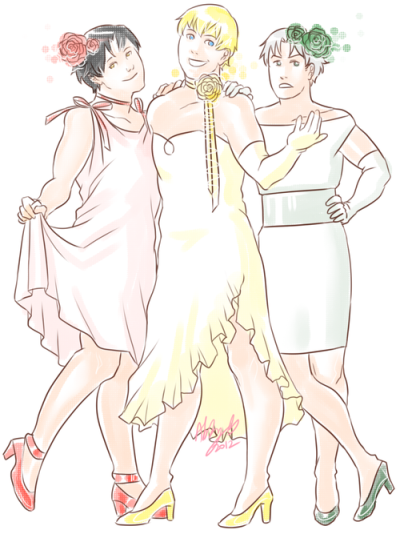 Billy, Teddy and Tommy in wedding dresses for geekdonnatroy.