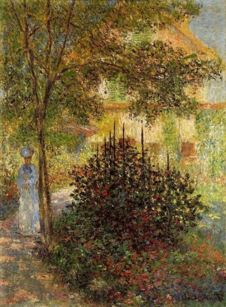 《Camille Monet in the Garden at the House in Argenteuil》，莫奈，1876~画面中的女人是莫奈最初的模特儿、红颜知己，以及后来的夫人，一生唯一的爱人—卡米尔·汤希尔(Camille Doncieux)，莫奈一生中唯一肯为之画肖像的女人