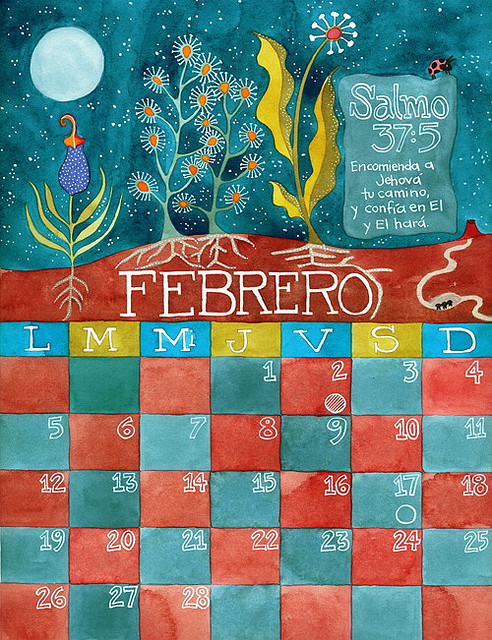 February/Febrero Watercolor calendar I'm workin on... still haven't finished oct, nov, dec.