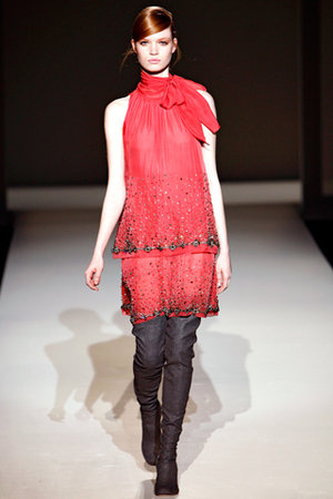 Alberta Ferretti Fall 2011 RTW Embellished Tiered Halter Neck Chiffon Dress