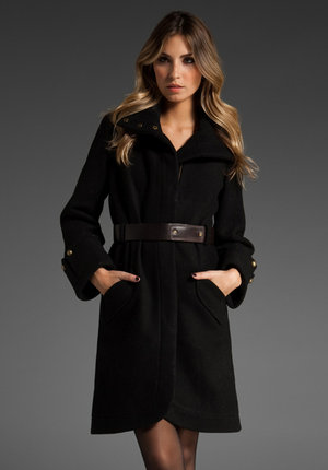 MIKE GONZALEZ Zola Leather Belted Long Sleeve Funnel Neck Coat