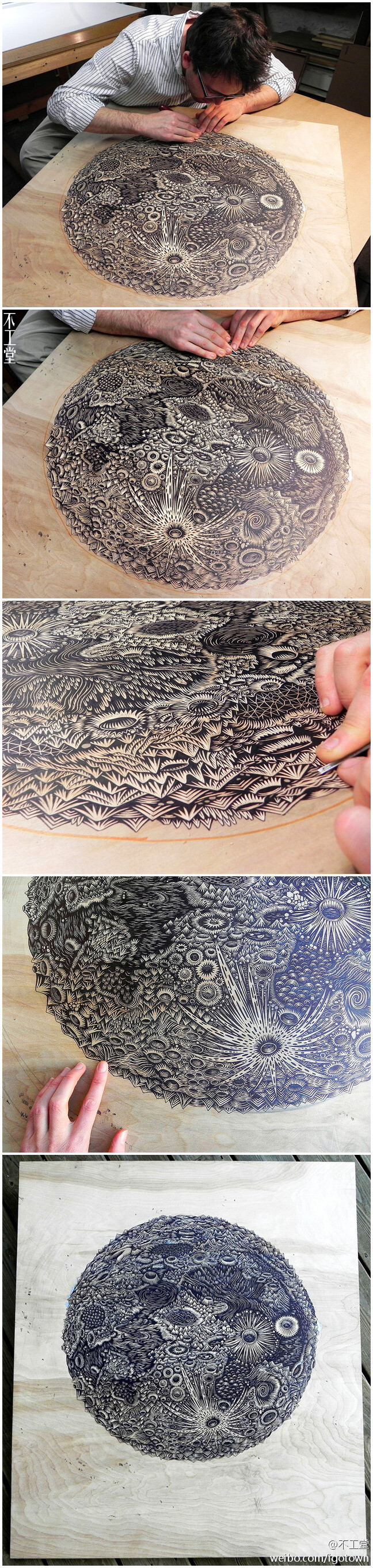 刚刚介绍了Paul Roden和Valerie Lueth的木版画工作室Tugboat Printshop里的作品，再看看这幅他们制作中的最大作品"THE MOON"，足有91 x 82厘米大小，用刚刚博友评论的话说：要把人刻得眼睛都瞎了吧？！