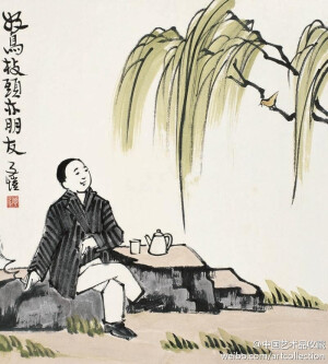 【 丰子恺 《好鸟枝头亦朋友》】镜心，纸本设色，32×29cm。 李白诗说：“花间一壶酒，独酌无相亲；举杯邀明月，对影成三人。” 茕茕孑立，形影相吊，也孤独得可以。这画里的人也是独酌，也是一壶酒，不过，有鸟声相唤，有鸟影相陪，比李白幸福得多，所以“好鸟枝头亦朋友”。