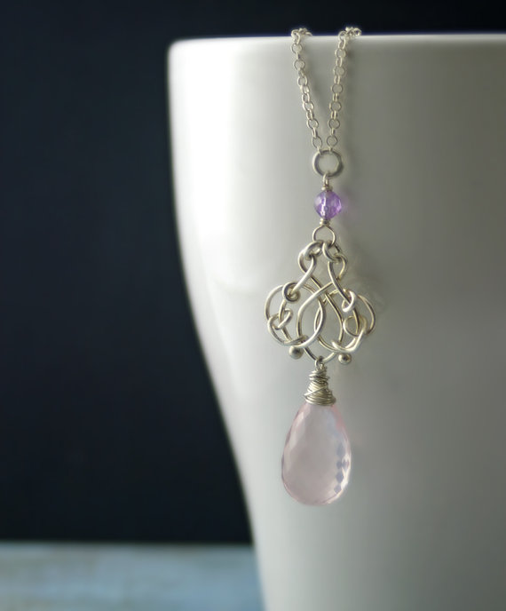 Light Rose Drop Romantic Necklace Quartz Amethyst and Sterling Silver Wire Wrapped Handmade Jewelry