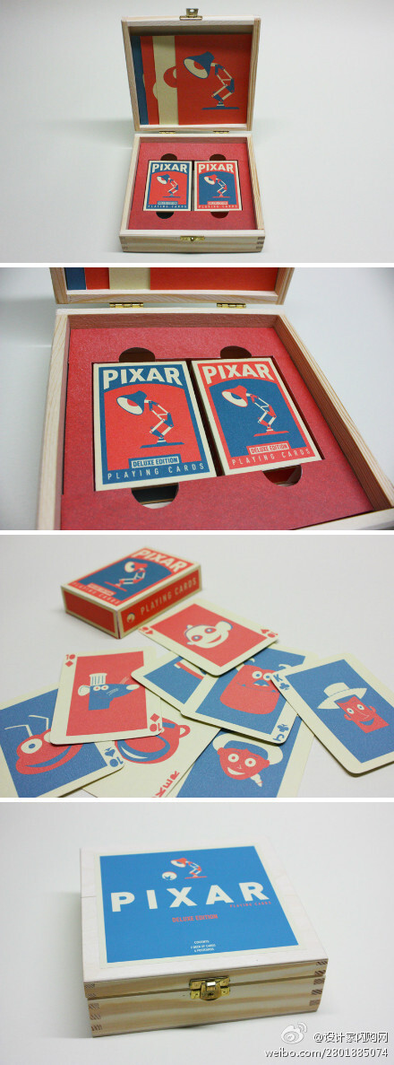 #设计家好设计#设计师Chris Anderson以一种特殊的方式表达了他对这个世界伟大的动画工作室Pixar的热爱，他将Pixar公司创造的动画角色设计成一套扑克牌，配上精致复古的木盒包装，看了让人好像收藏一套！
