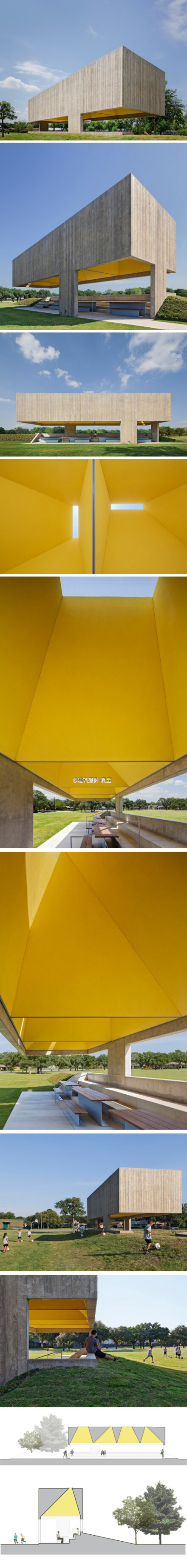 悬空屋顶，光线控制，柔和的反光材质 Webb Chapel Park Pavilion / Cooper Joseph Studio