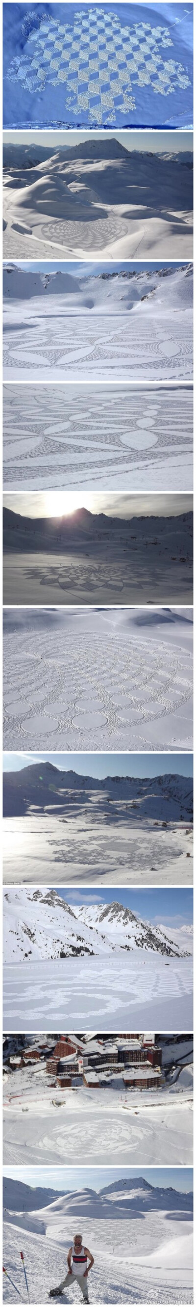 雪地里的足迹，这些雪地“怪圈”是Simon Beck花一整天的时间走出来的图案，穿上雪地鞋每天花费5到9个小时的时间在湖面上行走，创作出这些惊人的雪地足迹。