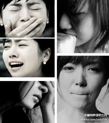 【“哭”的各种表达】：1)break down（因情绪失去控制而）痛哭，大哭 2)have alumpin one’s throat（因感动、悲伤而)哽咽，喉咙哽住 3)cry one’s eyes out痛哭流涕，哭得很伤心 4)fight back tears 抑制住泪水 5)sb be in tears 含泪，泪流满面 6)burst into tears 放声大哭，突然哭起来