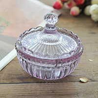 欧式 古典竖纹玻璃带盖首饰盒（粉紫色）收纳盒