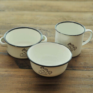 复古做旧搪瓷杯碗碟三件套（小松鼠）zakka杂货三款可选