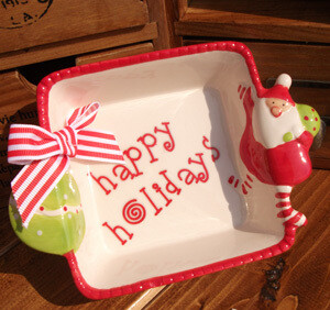 欧美可爱圣诞老人糖果盘子零食盘子小方盘精美立体手绘