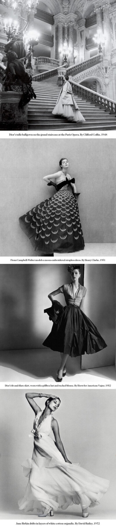 英国版《VOGUE》2013年1月号回顾了从1950年代以来，Dior品牌在该杂志上刊出的一些经典礼服摄影作品。