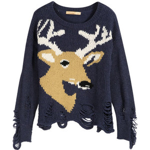 Navy Sweater With Reindeer And Ripped Details