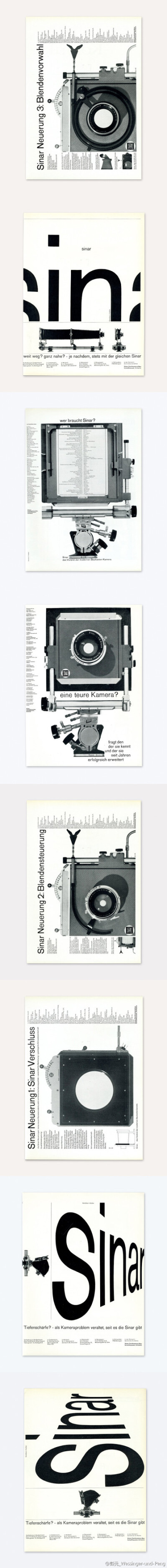 1960－1962 年间 Karl Gerstner 和 Markus Kutter 策划的Sinar照相机平面广告。图源 http://t.cn/zjNKZ8m