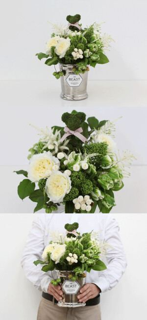 【真诚】绿白郁金香，名为“绿魔鬼”；毛茸茸的泡圣草，似乎是童话里的植物。给素未谋面的工作伙伴，或者千里之外的亲朋好友，写封秋天的信。信的末尾，总会落款“Sincerely Yours"。这是用花书写的真诚信笺，可爱的苔藓小熊，寄托祝福与挂念。