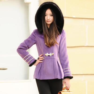 原创品质女装秋紫色拿破仑毛领大衣修身羊毛呢大衣短外套