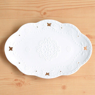 下午茶蝴蝶蕾丝白色瓷盘 椭圆盘 陶瓷点心盘水果盘 镂空盘