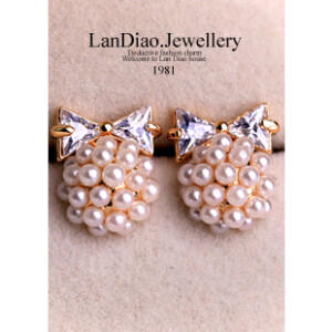 出口韩国 优雅时尚珍珠蝴蝶结 耳坠 镶钻 甜美 淑女珍珠耳钉