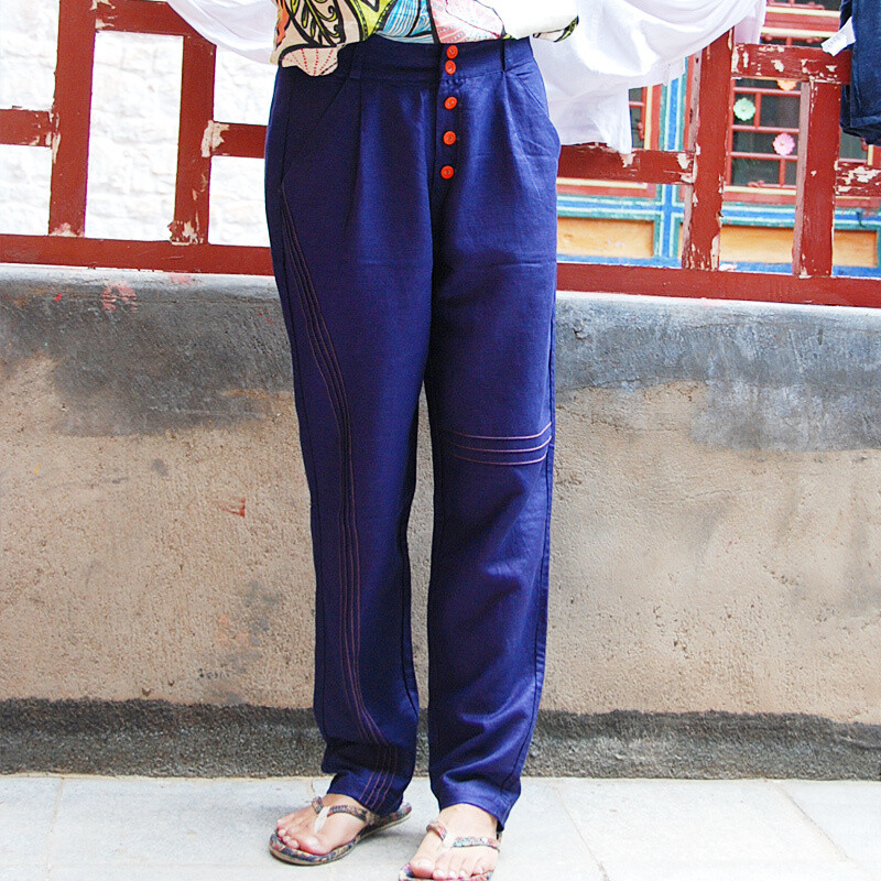 LWang原创设计西藏邦达仓系列复古纯色亚麻显瘦哈伦裤P