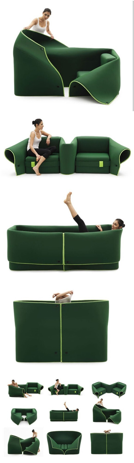 我就喜欢那些多功能的东西，比如昨天看到的那个可以随你怎么折腾的“变形软垫”，玩腻了，稍稍摆弄一下，又可以玩出新花样。这款由意大利设计师Emanuele Magini设计的“多功能沙发Sosia”，就属于那种任你“摆弄的家伙“。 Sosia通体的军绿色非常抢眼。它可以是两把椅子，让小夫妻舒舒服服地坐着；也可以是沙发，随你俩怎么玩儿，俺现在是一张沙发；它还可以是一张床，你俩就“躲”里面，拉上布帘，使劲儿疯。总之，你就算玩到世界末日去，Sosia也绝对不会吭声。当然，咱得高尚点，你瞧瞧，Sosia可变的外形和简单的构造，是不是在向我们传递了一个讯息：每个人在生活中都应该具备Sosia的这种变化能力，